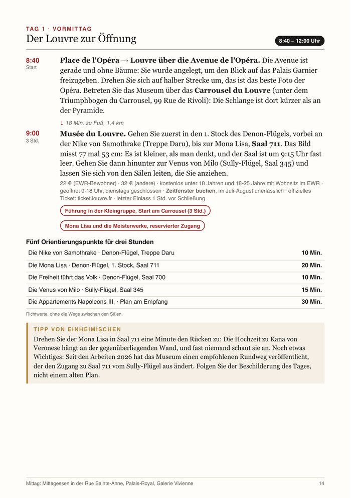 Die Seite „Tag 1, Vormittag“ des Guides