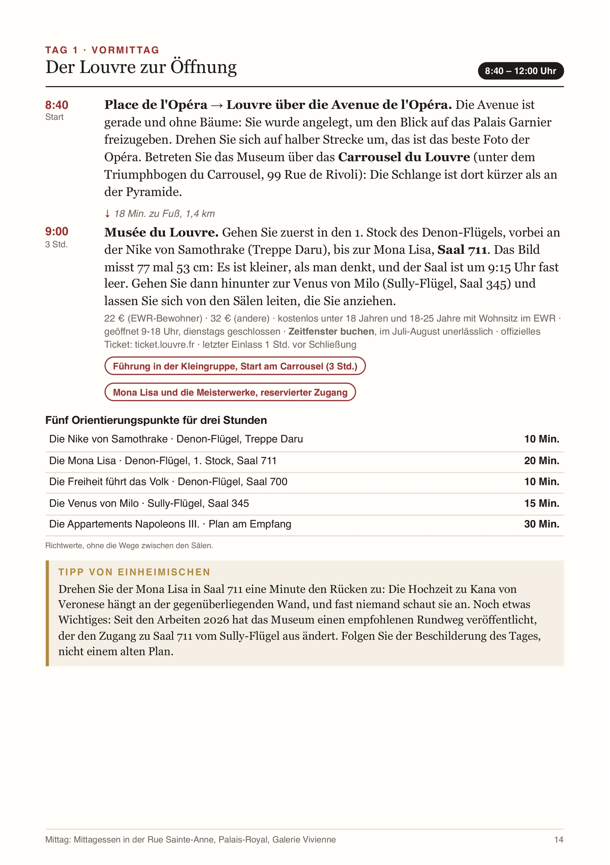Die Seite „Tag 1, Vormittag“ des Guides