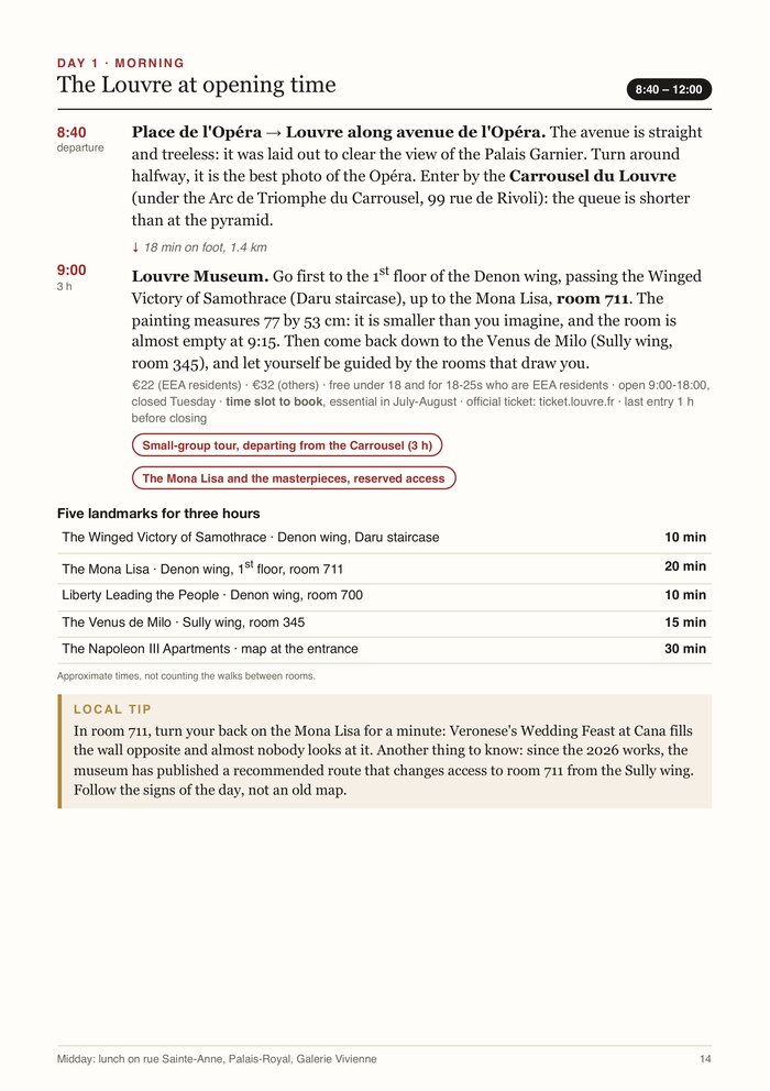 The guide's “Day 1, morning” page