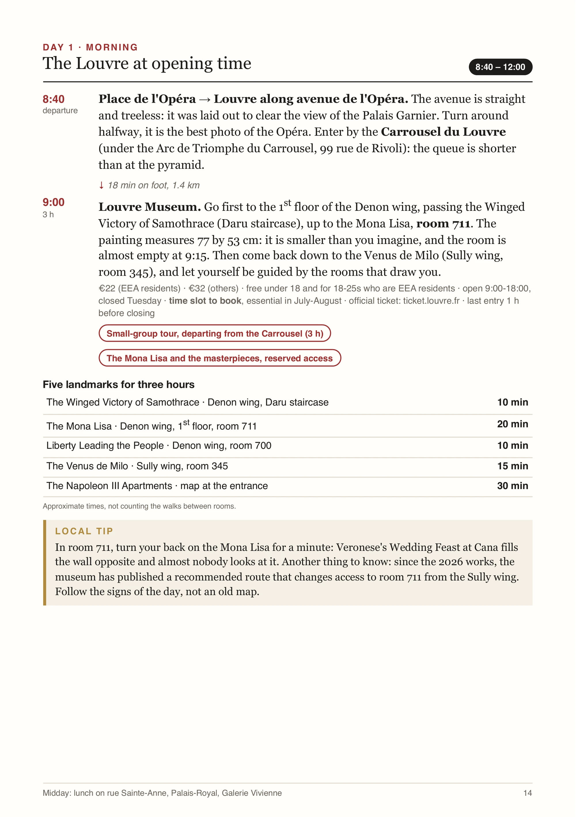 The guide's “Day 1, morning” page
