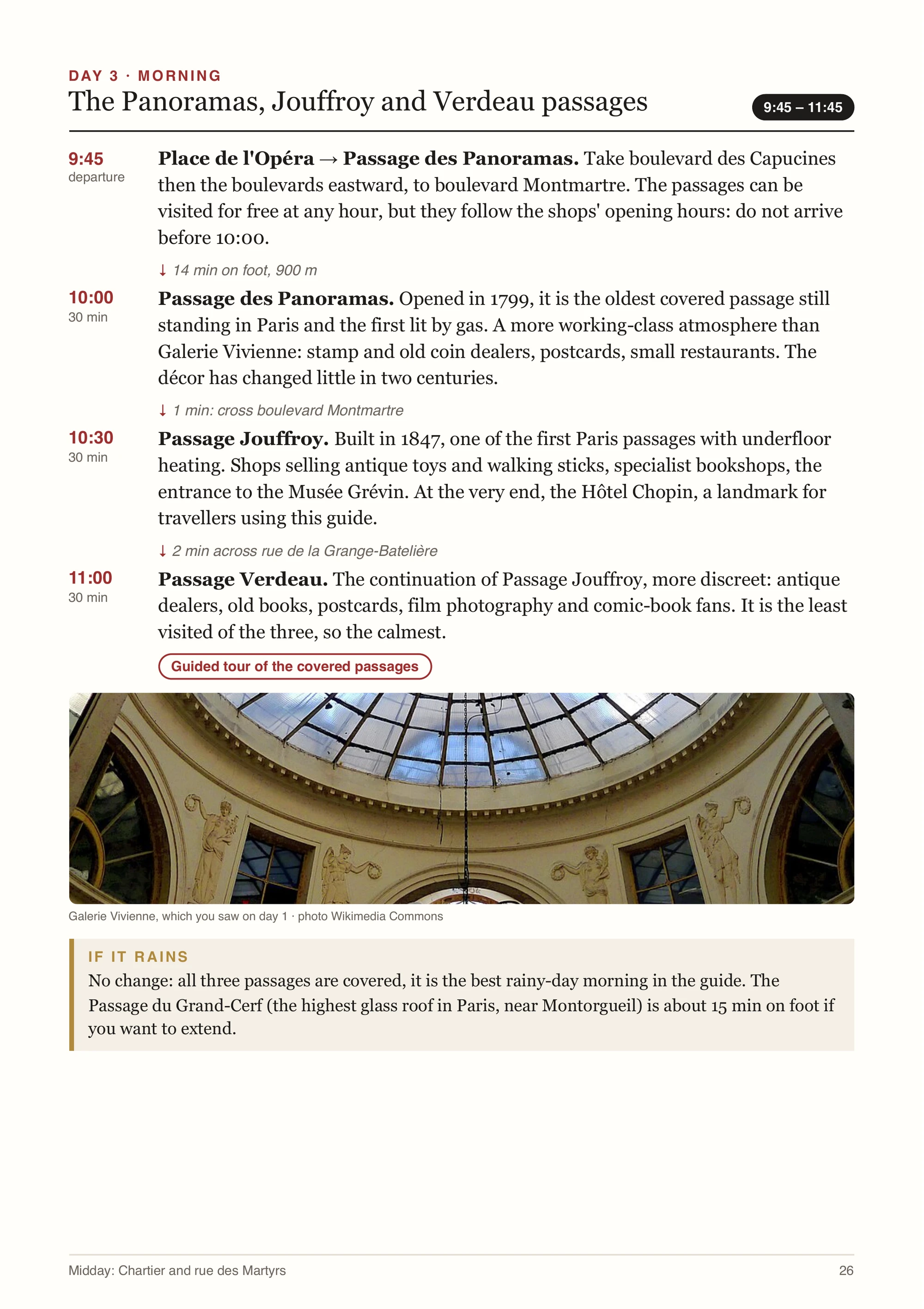 The guide's “Day 3, covered passages” page
